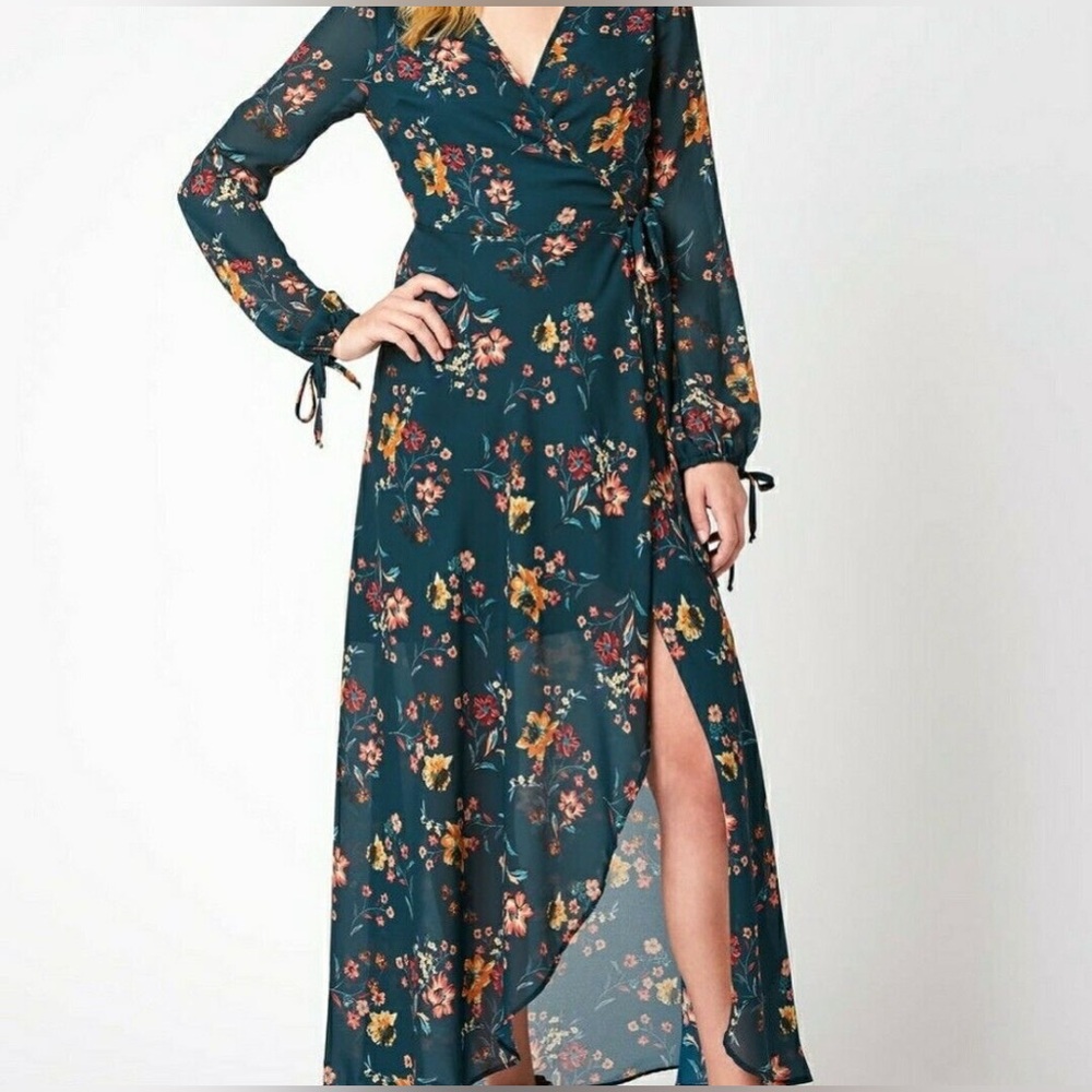 Band of Gypsies Women’s Green Floral Print Maxi Surplice Wrap Dress SIZE M